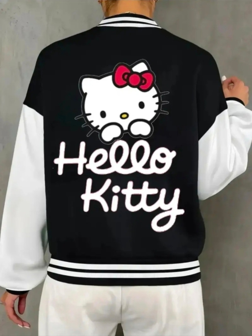 Black & White Varsity With HELLO KITTY Womens Size Xl But Fits Like Large New - Picture 8 of 8